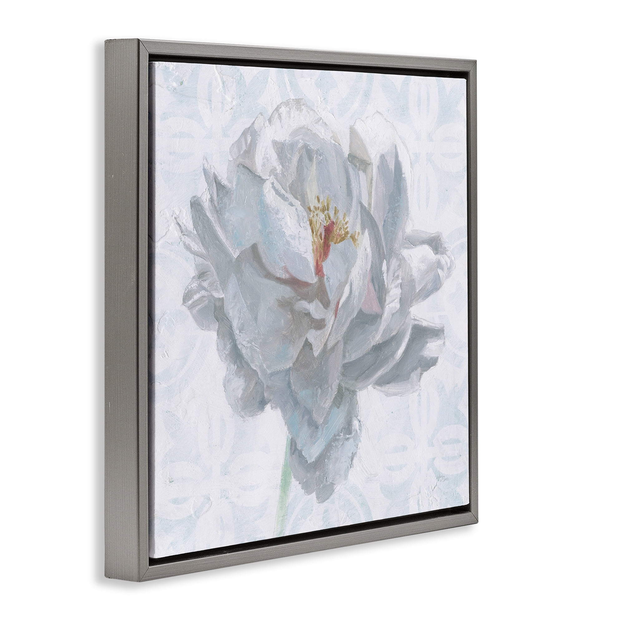 Stupell Industries White Sublime Peony Botanical & Floral Painting Gray Floater Framed Art Print Wall Art, 18 x 18