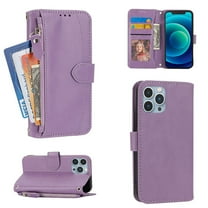 Dteck Wallet Case for iPhone 13 Pro, Zipper Pouch Card Holder Case with Crossbody Strap PU Leather Magnetic Kickstand Handbag Protective Case Cover for iPhone 13 Pro, Purple