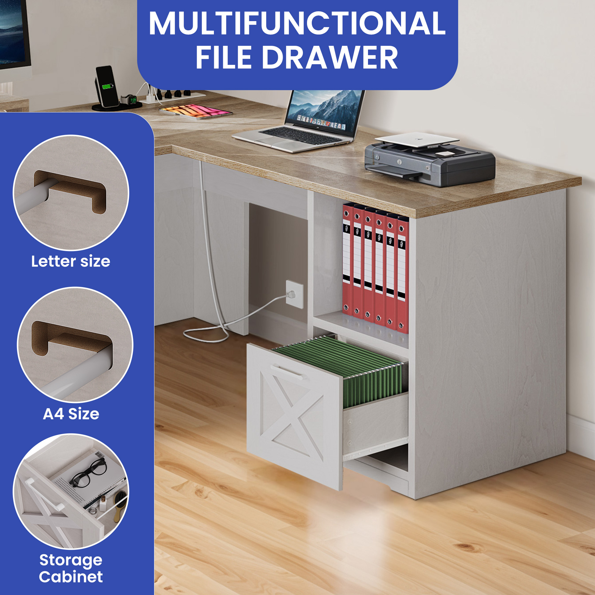 ModFusion 59 Inch L Shaped Corner Computer Desk with Power Outlets & USB Ports, Office Desk with File Drawer, Monitor Stand & Storage Shelves, Gray Wash