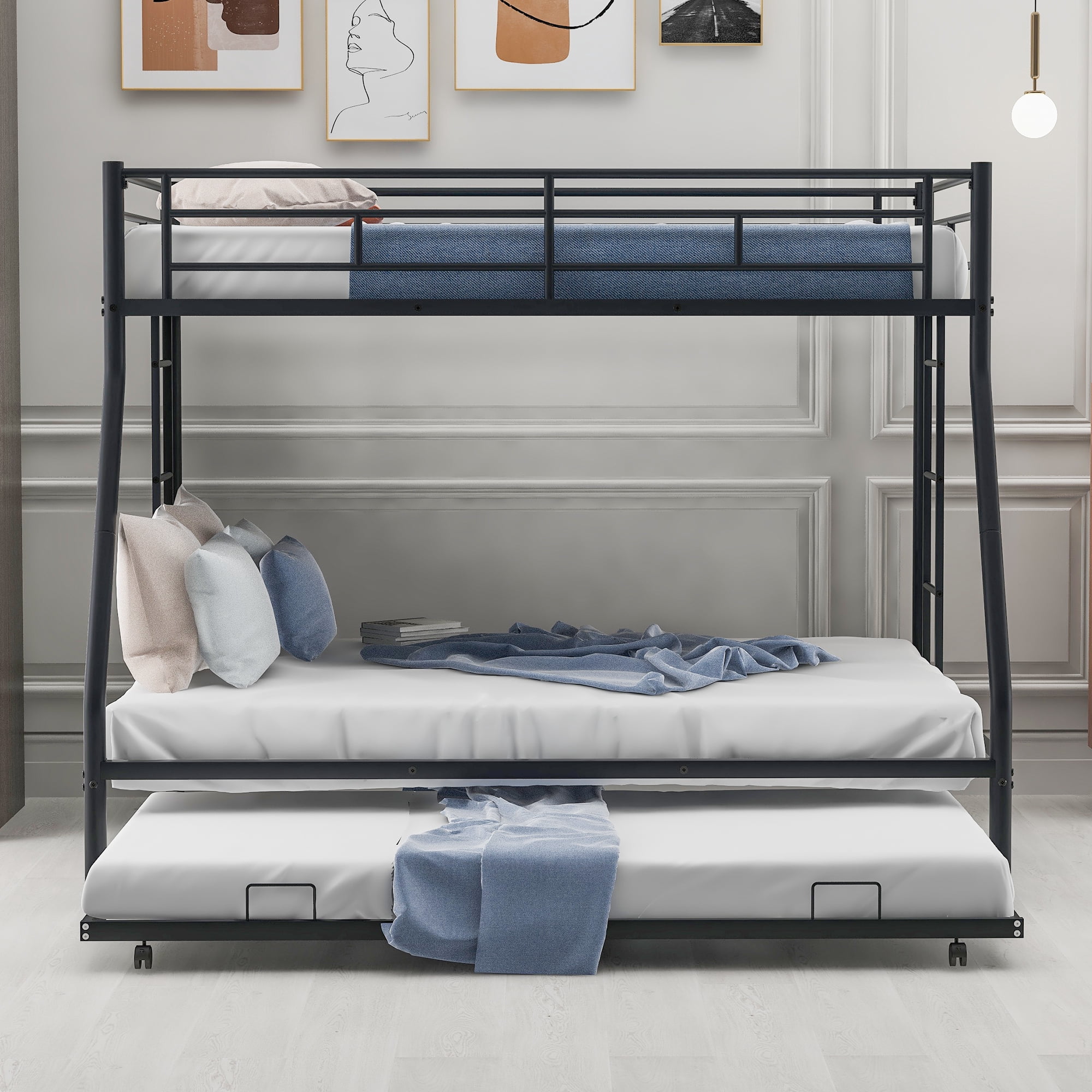 Leumius Twin Over Full Bunk Beds with Twin Trundle,Heavy Duty Metal Bed Frame with Sturdy Steel Frame,Triple Bunk Bed with Two-Side Ladders & Safety Guard Rails for Boys Girls Adults,Black