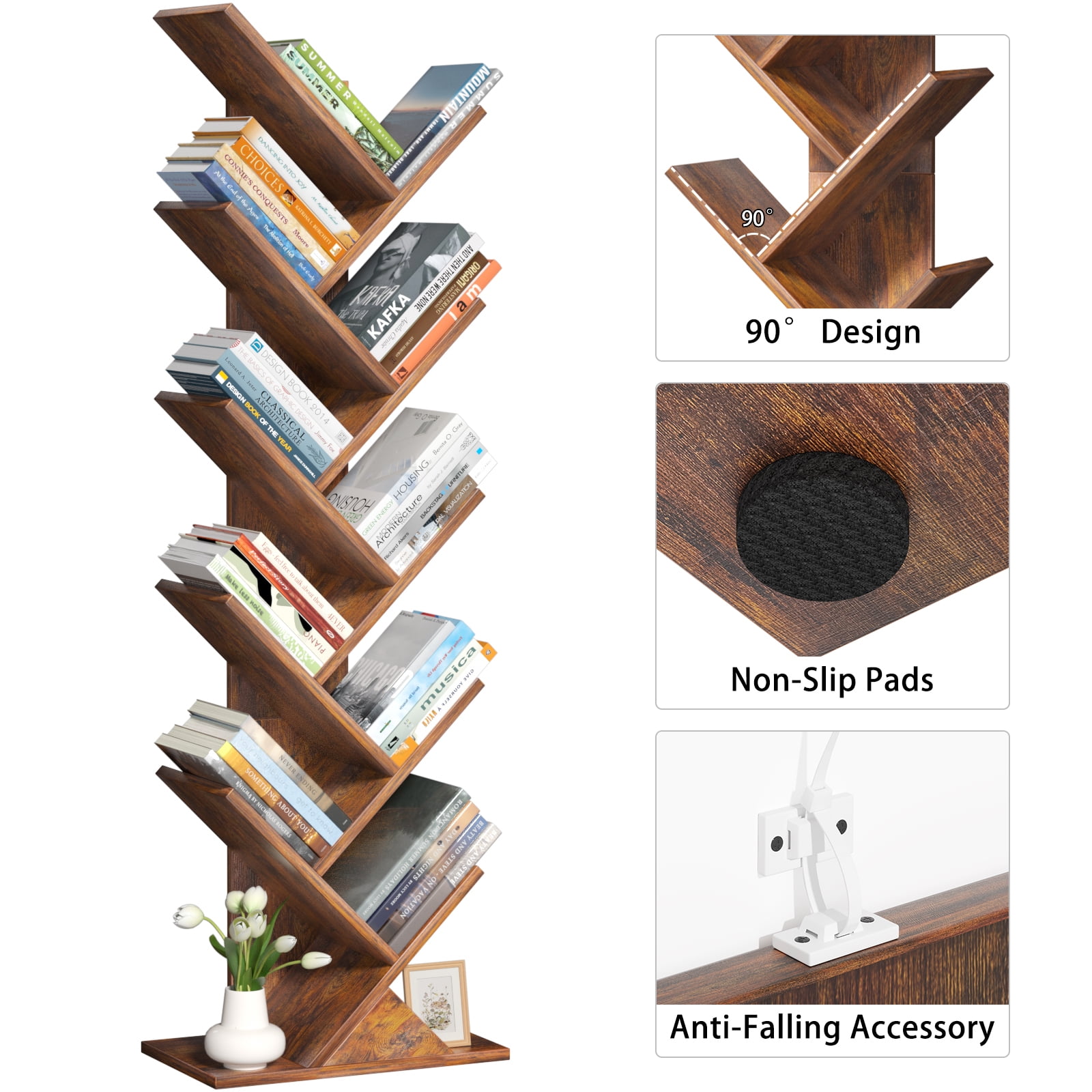 LELELINKY 10-tier Tree Bookshelf, Free-standing Storage Bookcase, Tall Bookshelf, Shelves for Living Room, Home Office, Bedroom, Balcony - Brown