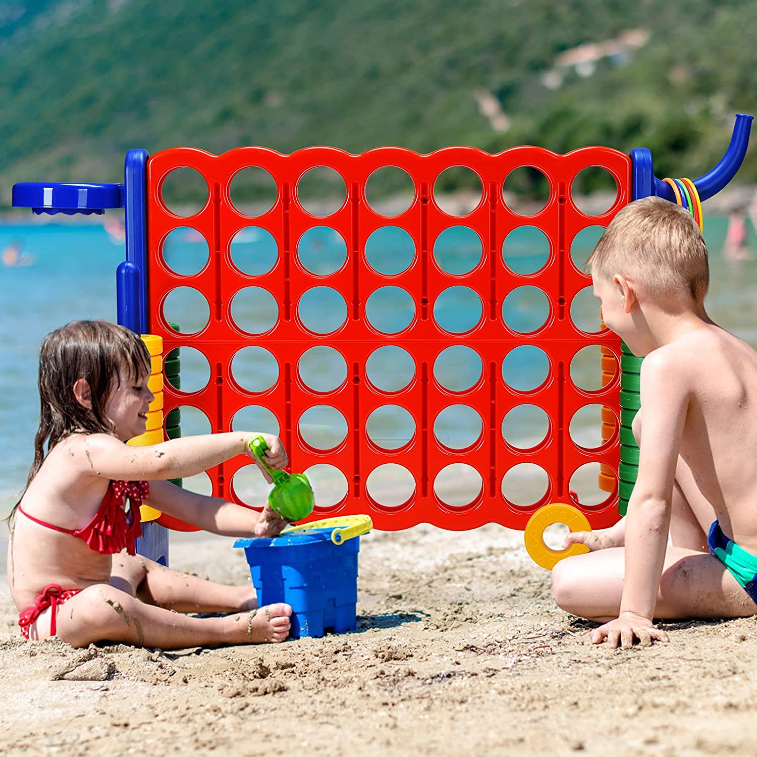 ZJTER Jumbo 4-to-Score Giant Game Set for Kids & Adults, 2.5Ft Indoor Outdoor Game with Basketball Hoop, Ring Game, 42 Jumbo Rings, Quick-Release Slider, Perfect for Birth & Holiday Party