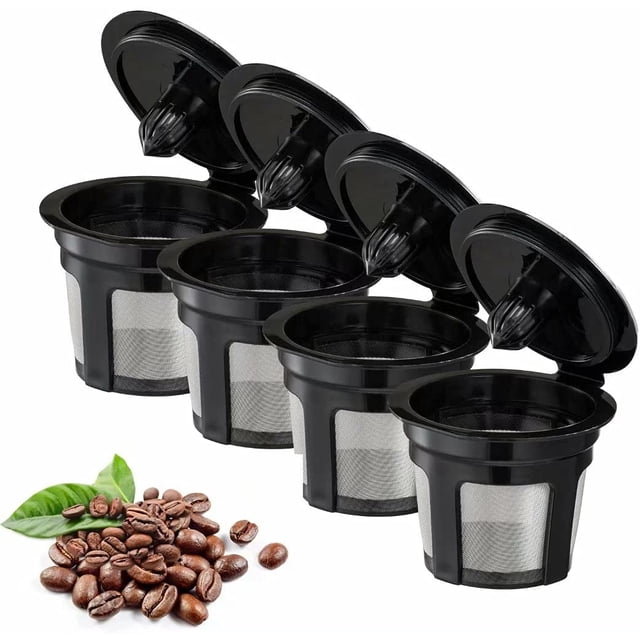 Jinsinto Reusable K Cups, 4 Pack Universal Fit Reusable Coffee Filters with Food Grade Stainless Steel Mesh Eco-Friendly Coffee Reusable Pods for Keurig 1.0 and 2.0 Brewers (Black)