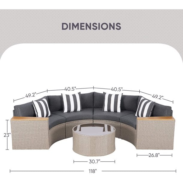 Beige SOLAURA 5-Piece Patio Sectional Furniture Patio Half-Moon Set Brown Wicker Curved Outdoor Sofa with Beige Cushions & Glass Coffee Table 