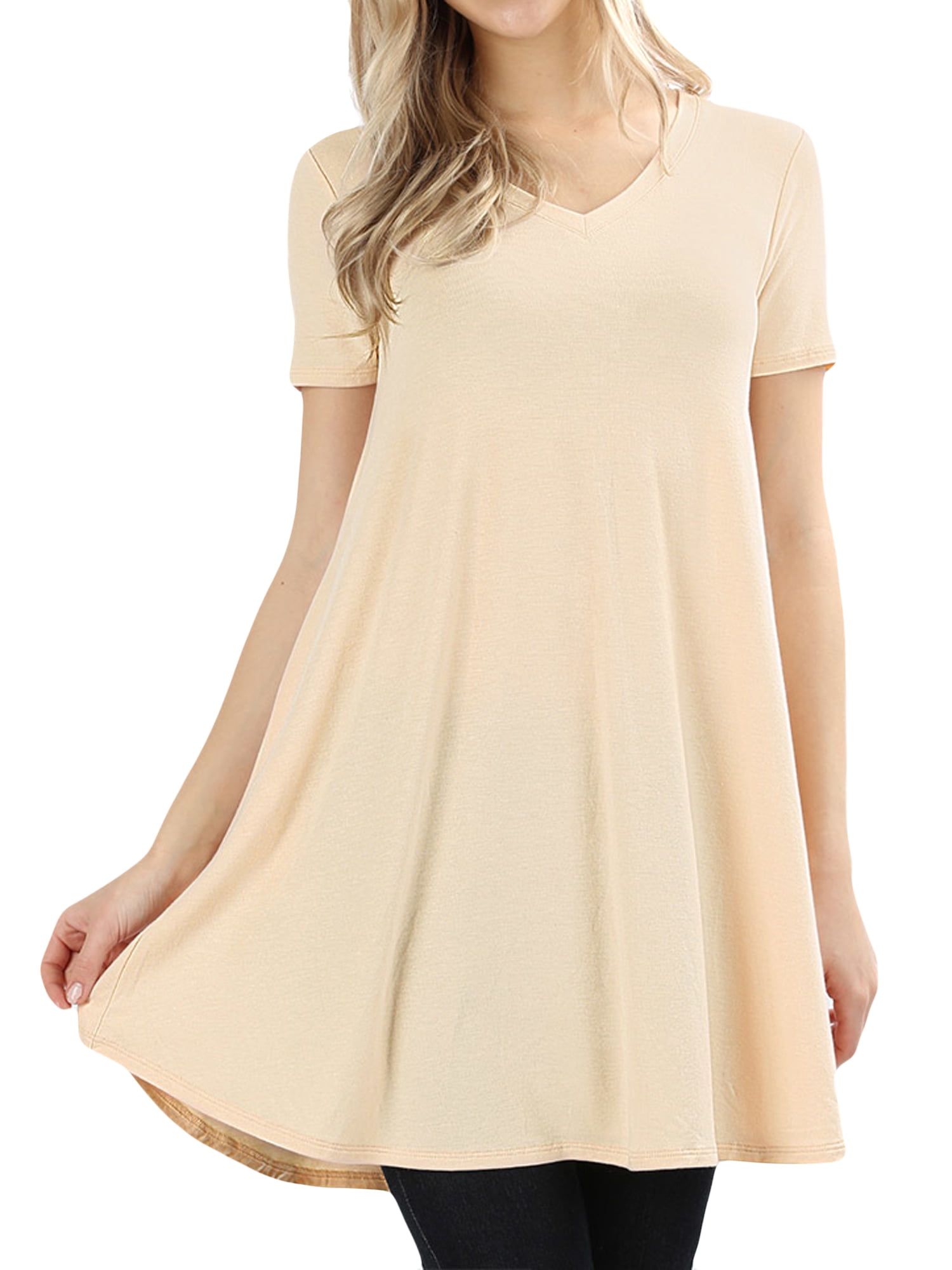 TheLovely Women Vneck Short Sleeve Round Hem Flowy ALine Tunic Top