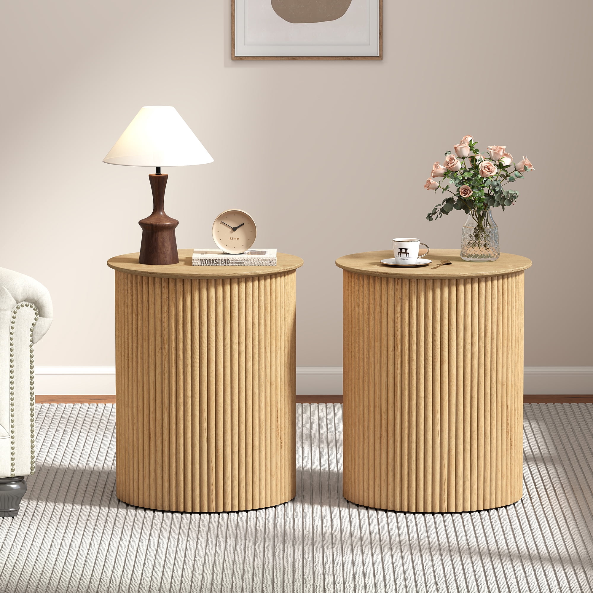 YOCWO Small Round End table for Living Room with fluted Design, Circle Bedside Table for Bedroom, Natural