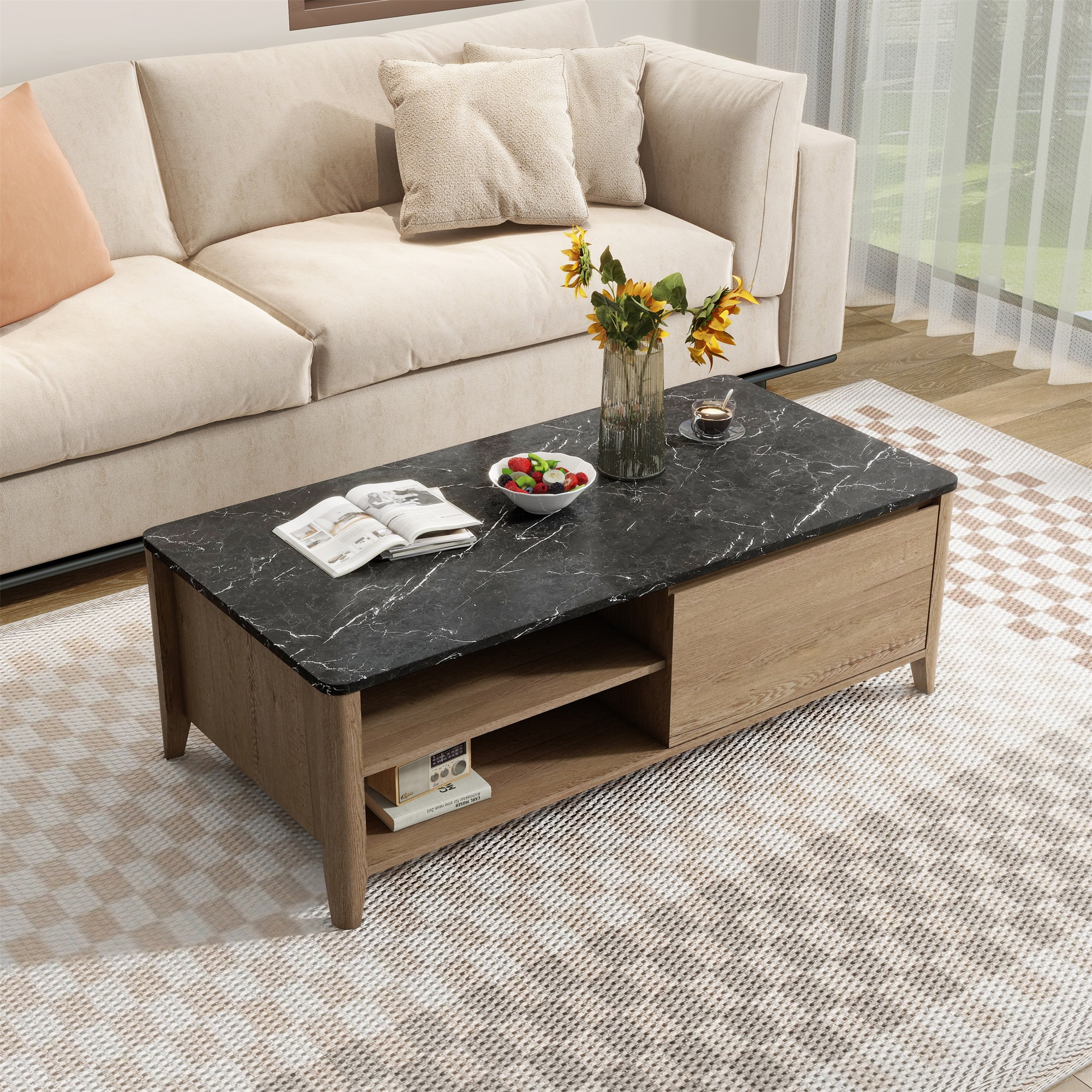 Resenkos Modern Drawer Coffee Table, Accent Table Bedside Table for Living Room or Office, Light Brown