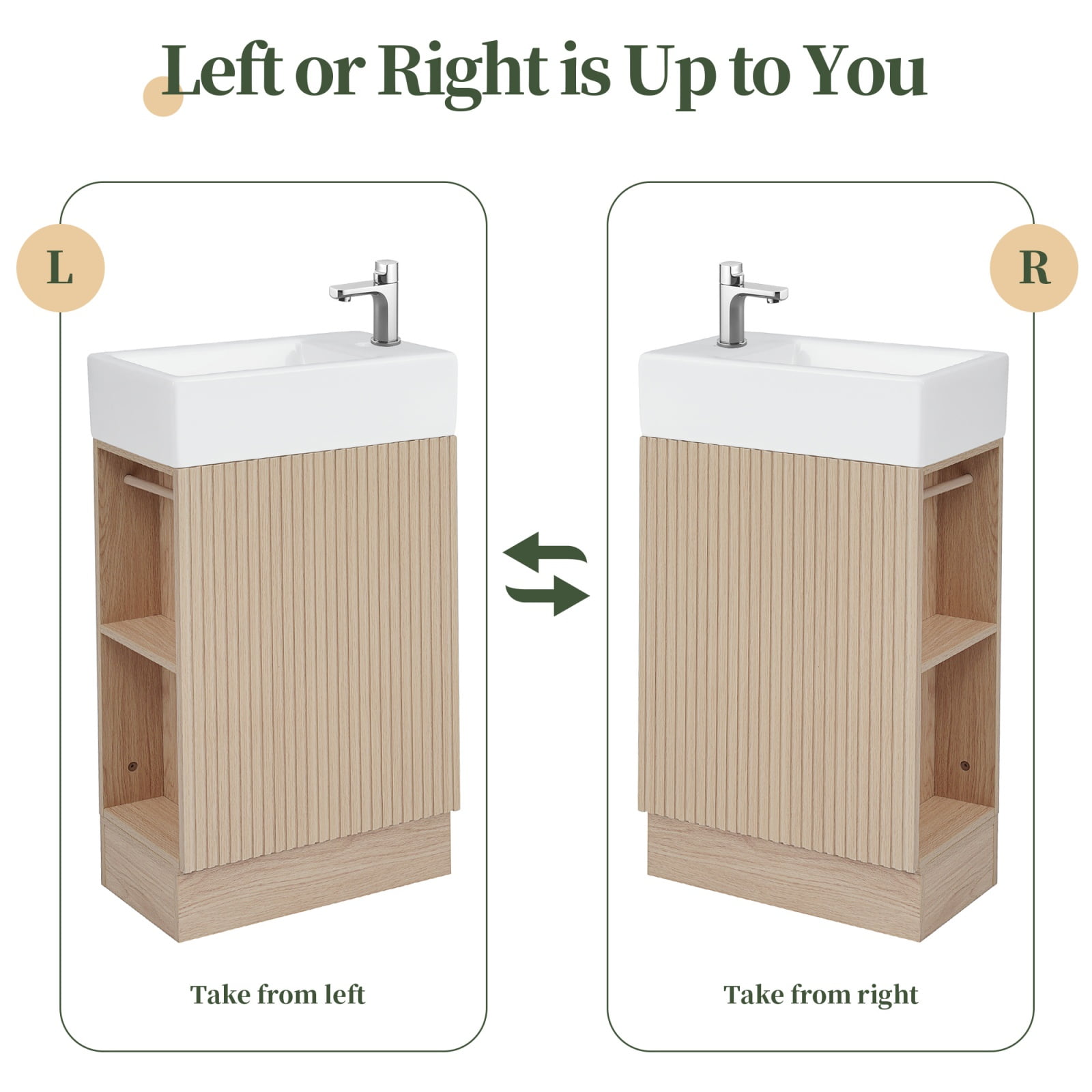 Deiokin 18.6 Inch Bathroom Vanity with Sink, Small Vanity Cabinet with 2-Tier Shelf & Toilet Paper Holder, Left or Right Orientation