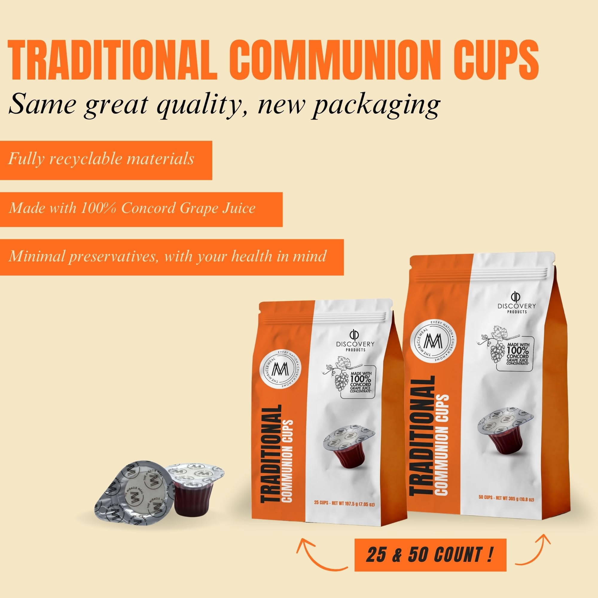 Discovery Products Travel Pack - Pre-Filled Traditional Communion Cup - Bag of 50 with Wafer and 100% Concord Grape Juice