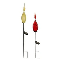 Set of 2 Solar Art Glass Reed Garden Stake, Red/Yellow