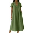 thumbnail image 3 of Laqbezok Women's Casual V-Neck Long Dress, Short Sleeve Solid Color Loose A-Line Gown, Soft Breathable Summer Dress with Side Pockets, 3 of 8