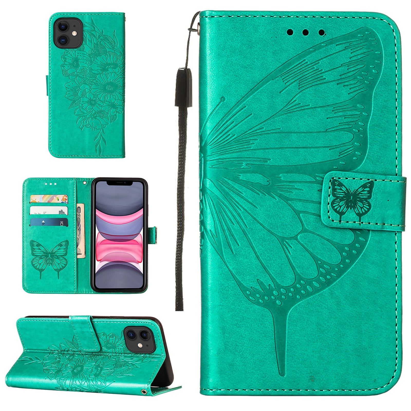 Dteck iPhone 12 Case, Butterfly Patterned Wallet Case, Magnetic Hand Strap Credit Card Holder Slots Synthetic Leather Kickstand Protective Cover For iPhone 12, Green