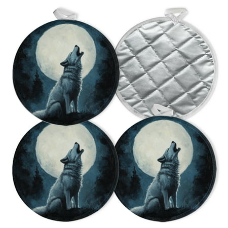 

4 PCS Pot Holders for Kitchen Potholders Sets with Hook for Oven Cooking Baking Howling Wolf Under Full Moon Art
