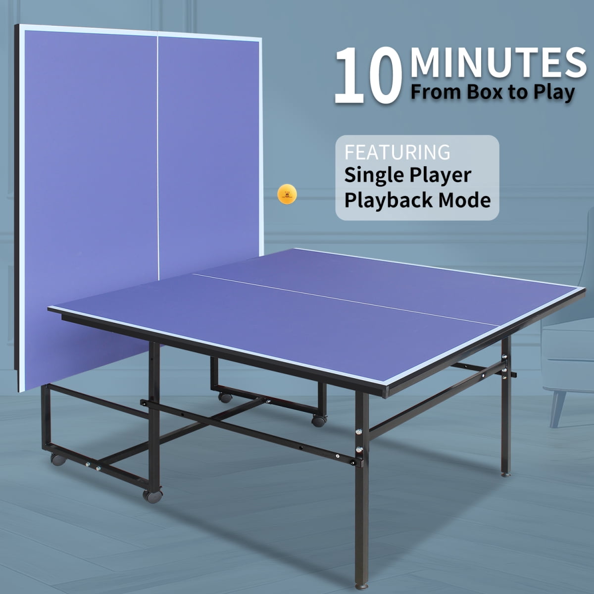 LuckyNote 9x4.1ft Foldable Ping Pong Table, Mid‑Size Table Tennis Set with Net, 2 Paddles & 3 Balls, Portable for Indoor Game Rooms, Blue