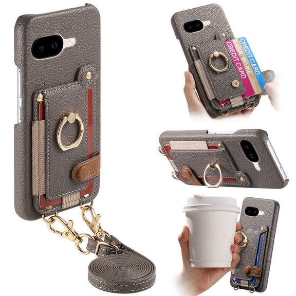 ELEHOLD Wallet Case for Google Pixel 9A, Shockproof Faux Leather Texture Card Holder Cover with Crossbody Strap, Rotatable Ring Kickstand,Gray