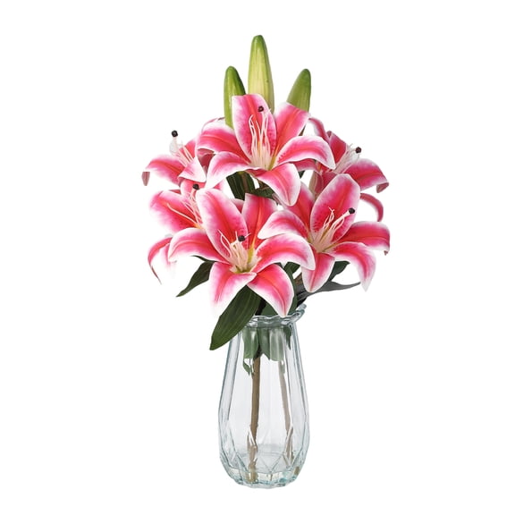 Pink Real Touch PU Lily Flowers with 6 Blooms & 3 Buds, Lifelike Artificial Lily for Home Decor