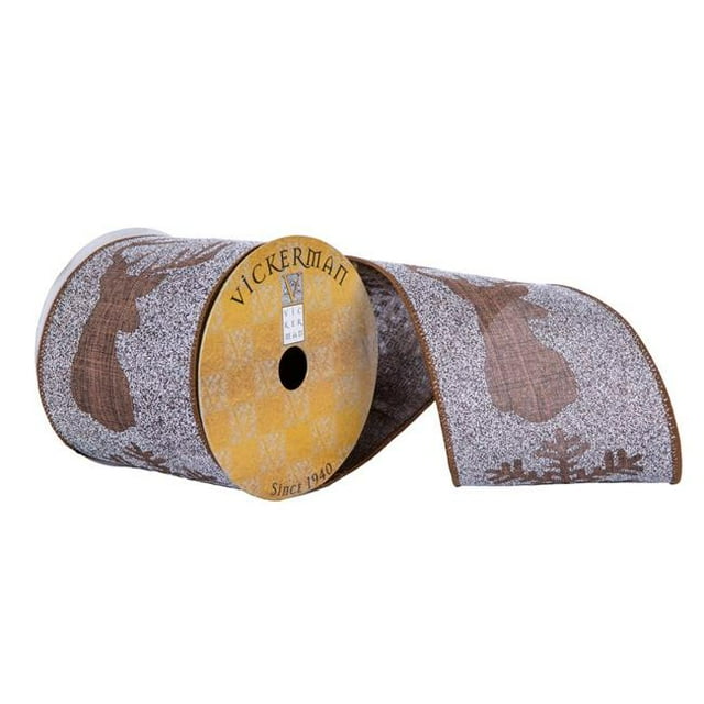 Vickerman Q201620 4 in. x 10 Yard Brown Tree & Snowflake Deer Pattern Ribbon
