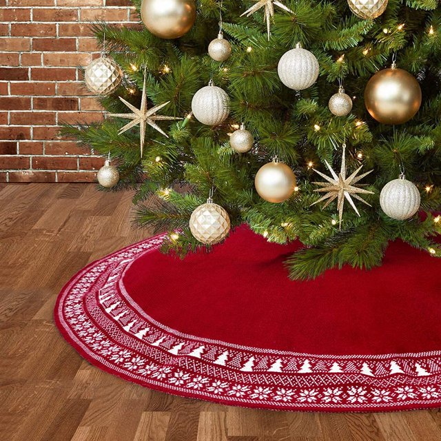 Faldón Dremisland para árbol de Navidad, lujoso, tejido con cable, rojo, 90 cm