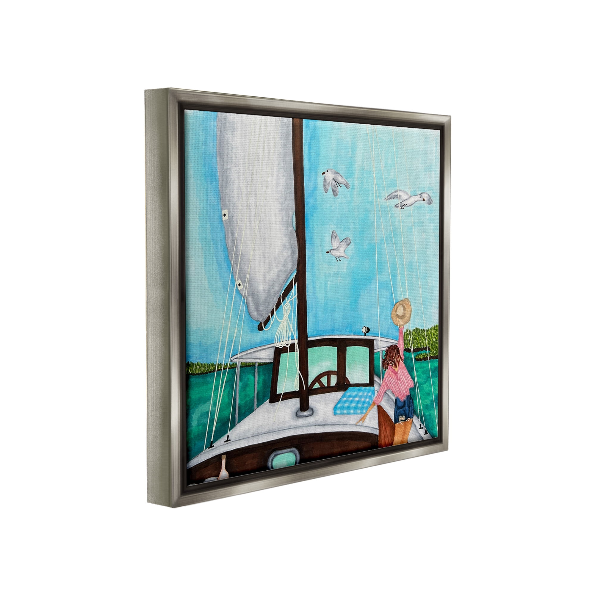 Stupell Industries Girl on Boat Scene Transportation Painting Gray Floater Framed Canvas Art Print Wall Art, 25 x 25