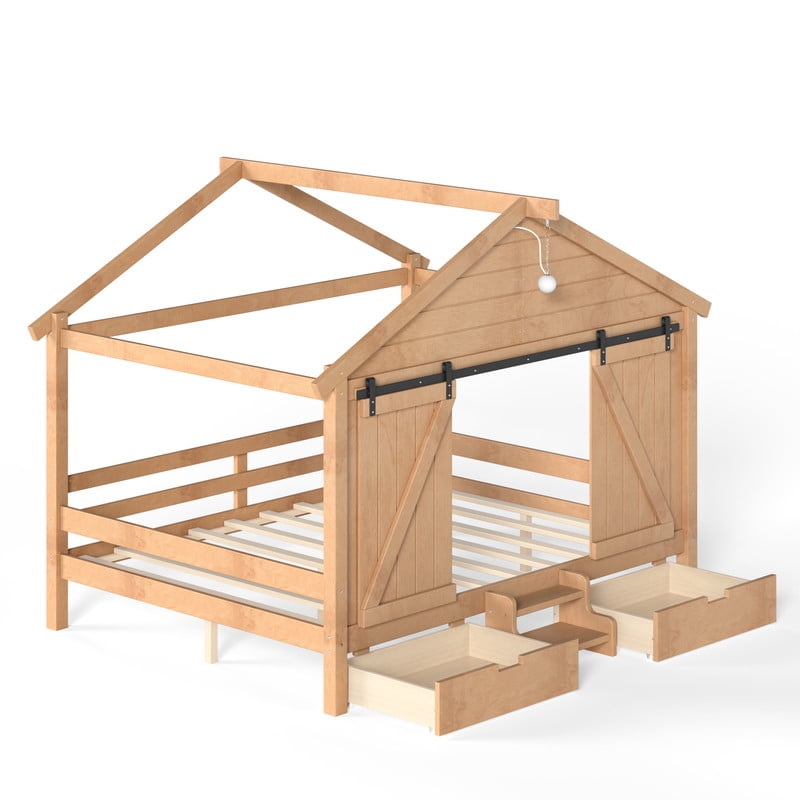 Full Size Farmhouse House Bed with Sliding Barn Doors & Light Bulb, Wood Kid's Platform Bed Frame with Stair & Drawers
