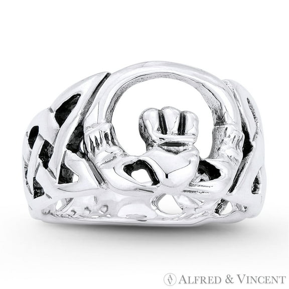 Irish Claddagh & Celtic Knot Love & Friendship Promise Ring in Oxidized .925 Sterling Silver