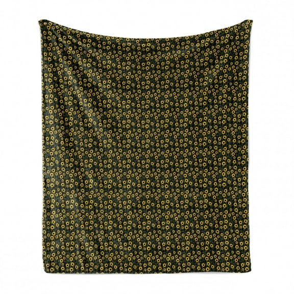 Summer Soft Flannel Fleece Blanket, Flowering Sunflowers Garden Autumn Season Flourish Petals Harvest Theme, Cozy Plush for Indoor and Outdoor Use, 70" x 90", Earth Yellow and Black, by Ambesonne