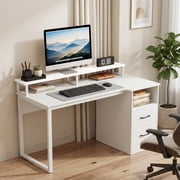 48" Modern Computer Desk with Power Outlets and File Drawer, Study Writing Desk for Home Office,White
