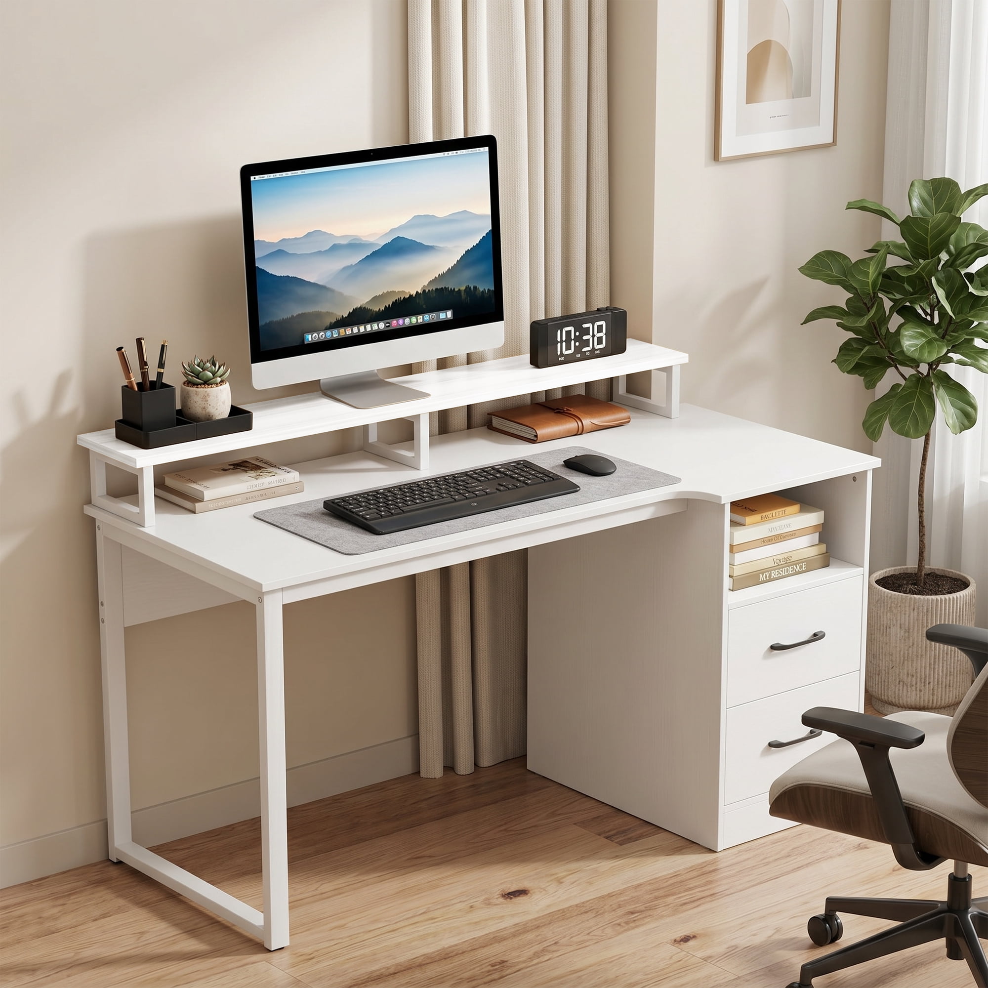 48" Modern Computer Desk with Power Outlets and File Drawer, Study Writing Desk for Home Office,White