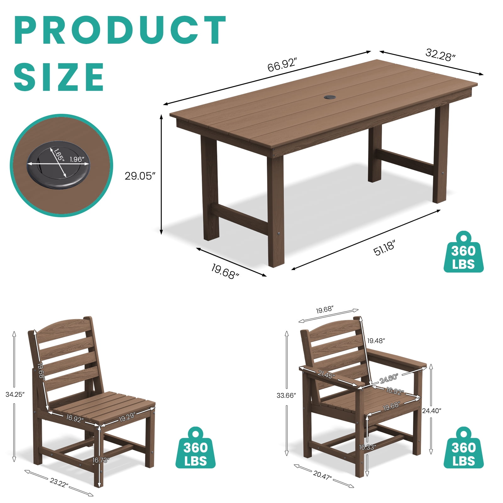 LOYALICE 7 PC Outdoor Patio Furniture Set, Patio Dining Sets, 6 Chairs and 1 Table, Brown