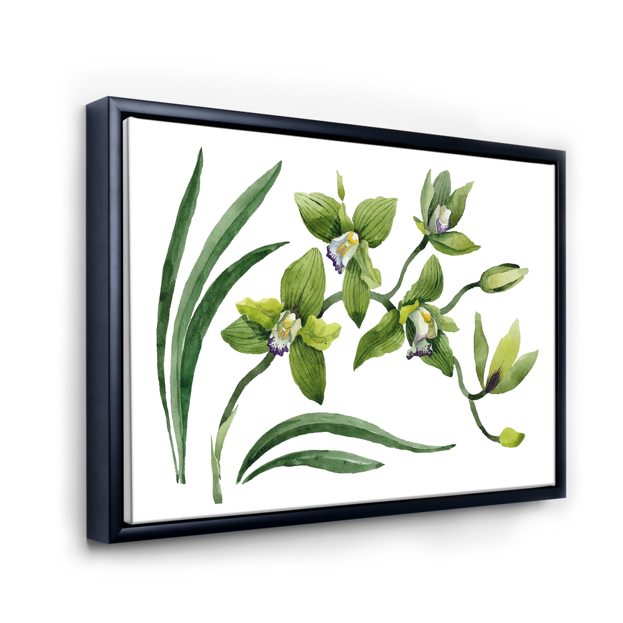Designart 'Green Orchid Flowers On White' Traditional Framed Canvas Wall Art Print