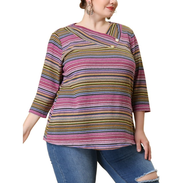 Agnes Orinda Hauts Grande Taille pour Femmes Manches 3/4 Tricoté Rayé Blouse Décontractée Habillée Col Asymétrique T-Shirt Mode 4X Violet