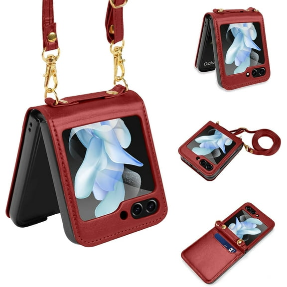 Crossbody Wallet Case for Samsung Galaxy Z Flip 5 Case with 2-Card Credit Card Holder Slot Shockproof Cover Slim Fit PU Leather Protective Phone Case for Women Men-Red