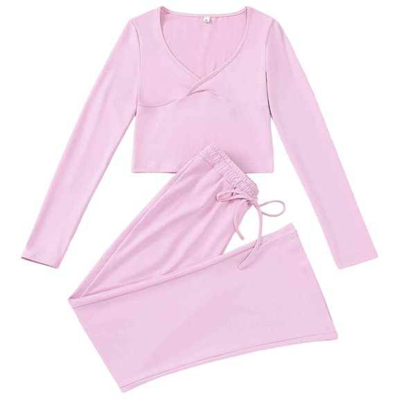 MEZZALL Women 2 Piece V-Neck Long Sleeve Tops With Pants Solid Color Relaxed Fit Home Pajama For Lounging And Sleep Versatile Pjs