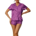 thumbnail image 1 of Conjunto de pijama de satén para mujer INSPIRE CHIC, camisa de botón de manga corta con pantalones cortos, 2 piezas, ropa de descanso, pijama, XS, púrpura, 1 of 6