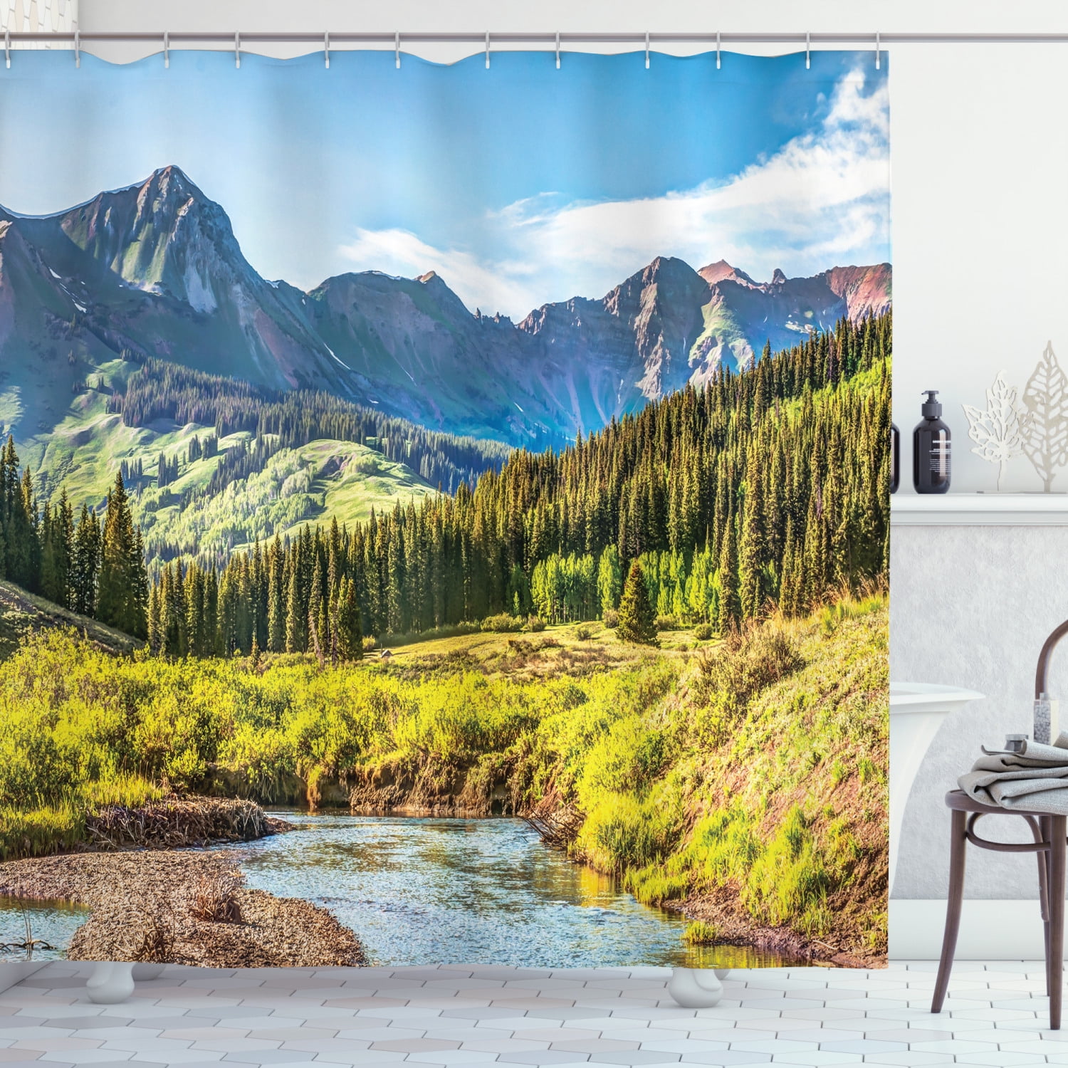 Lake House Decor Shower Curtain Set, Mountain Vista With Thick Forest Trees Mountain Flowing