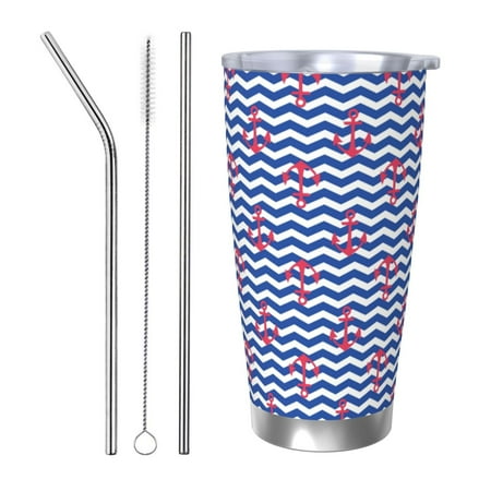 

Zeuib Nautical Anchors Printed 20oz Stainless Steel Insulated Car Cup Stainless Steel Thermal Cup Vacuum Insulated Leak-proof Travel Mug Cup-Straw Three-piece Set