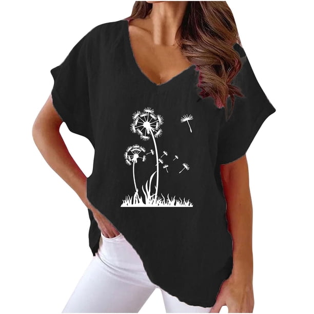 Camiseta de Manga Corta con Cuello en V con Impresión de Girasol, Algodón Casual Y Top de Cáñamo