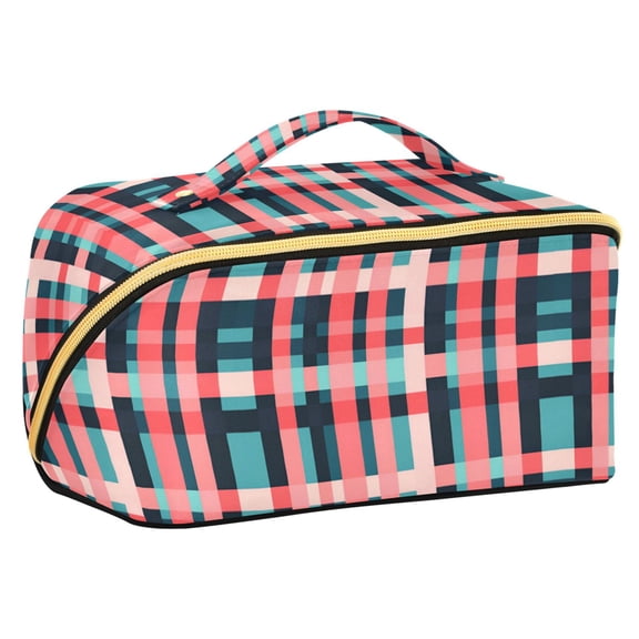 FORMRS Makeup Bag Travel Cosmetic Organizer for Women Fold Flat Zipper Pouch with Handle, Red Teal Stripes