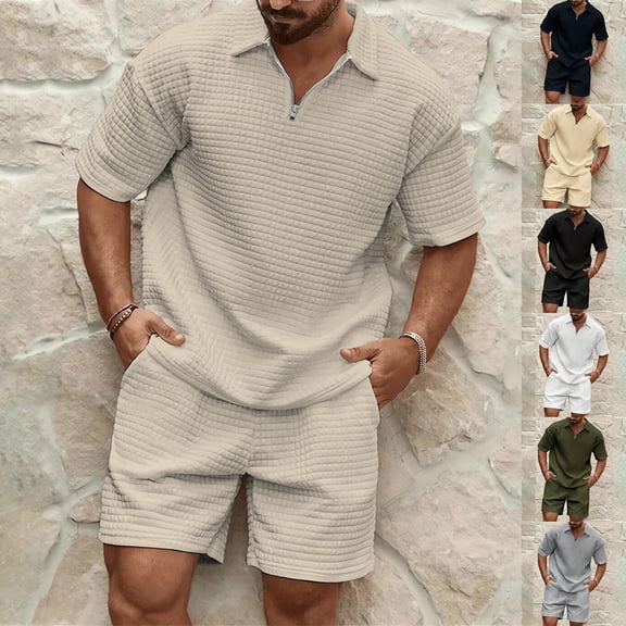 Men's 2 Piece Waffle Knit Outfit Half Zip Polo Shirt and Shorts Textured Summer Set for Guys Who Love Laid-Back Style Army Green L