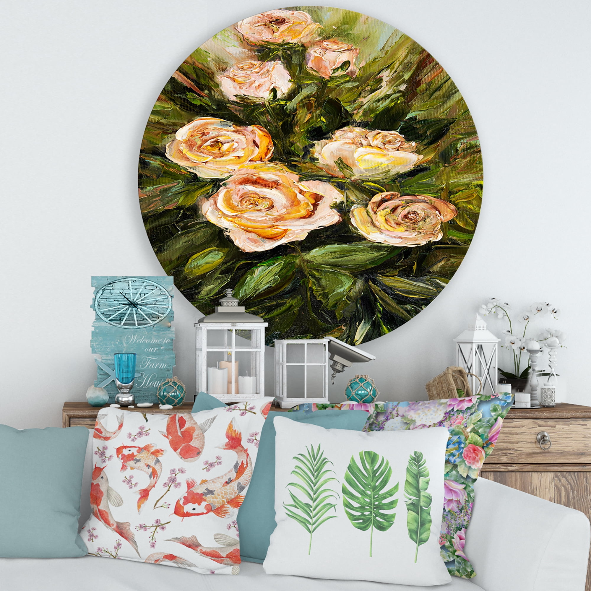 Designart 'Abstract Four VIntage Pink Roses' Traditional Circle Metal Wall Art 29x29 - Disc of 29