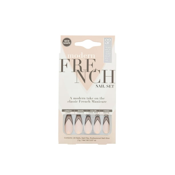 Salon Perfect Artificial Nails, Modern French Black French Tip, 24 Nails