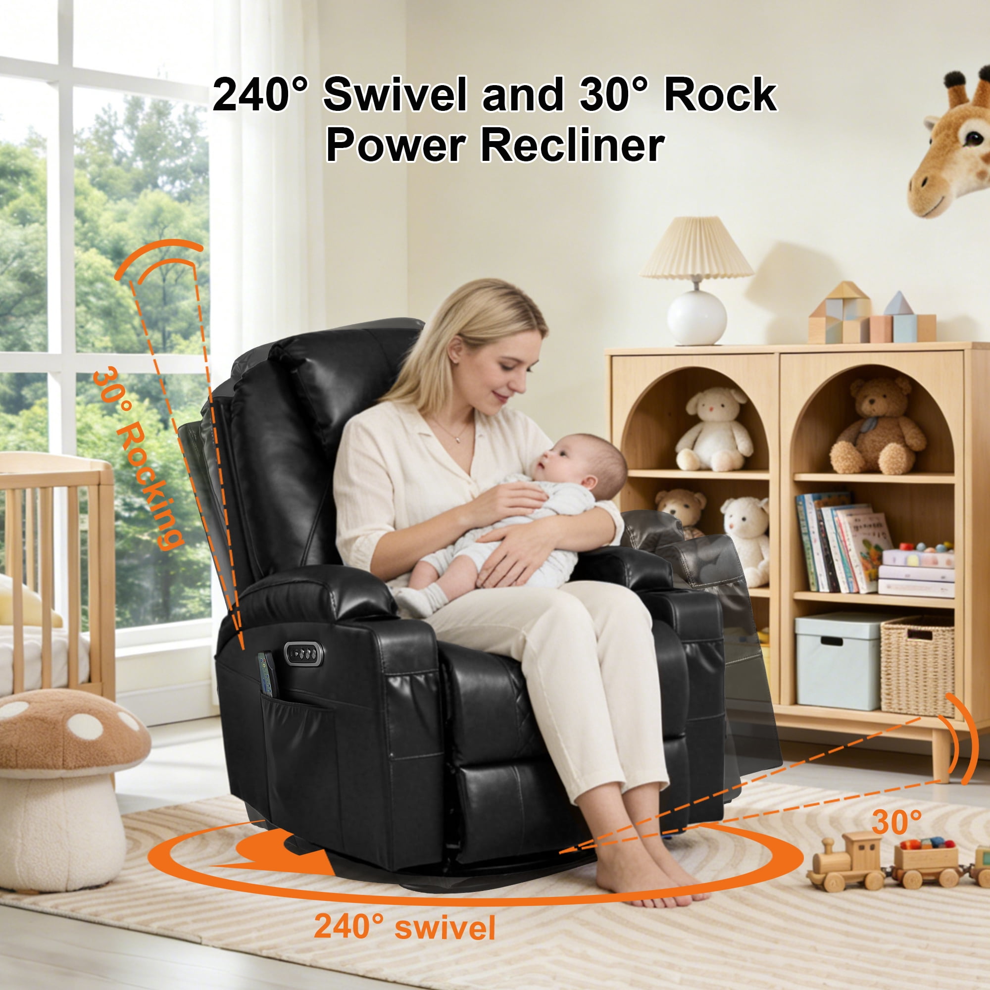 Dual Motor Power Swivel Rocker Recliner Chair for Adults with Heat and Massage, Electric Wall Hugger Rocking Recliner for Nursery Living Room with LED Lights, USB A&C Ports