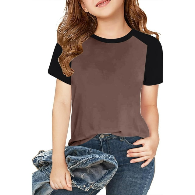 VKOYWKM T-Shirts d'Été pour Filles Color Block Raglan Tops Manches Courtes Col Rond T-Shirts Décontractés Coton Doux Basiques Café 6 Ans
