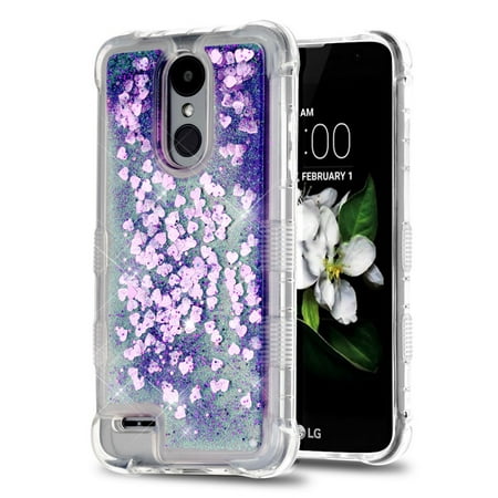 Rebel Floating - TUFF Liquid Floating Glitter Quicksand Waterfall Hybrid Silicone Gel Phone Protector Case - (Purple Hearts) and Atom Cloth for LG Rebel 3 4G LTE L157BL, L158VL