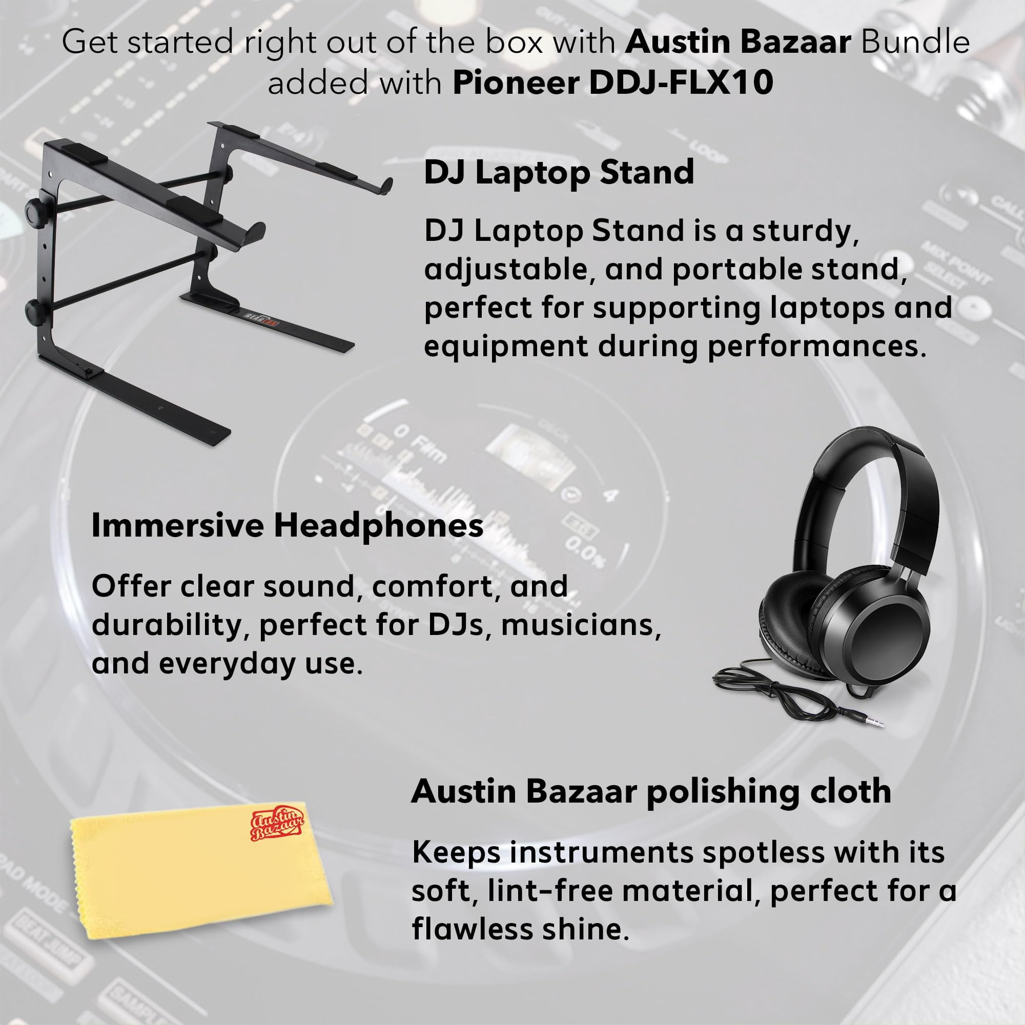 Pioneer DDJ-FLX10 DJ Controller - Black Bundle with Laptop Stand, Headphones, and Austin Bazaar Polishing Cloth