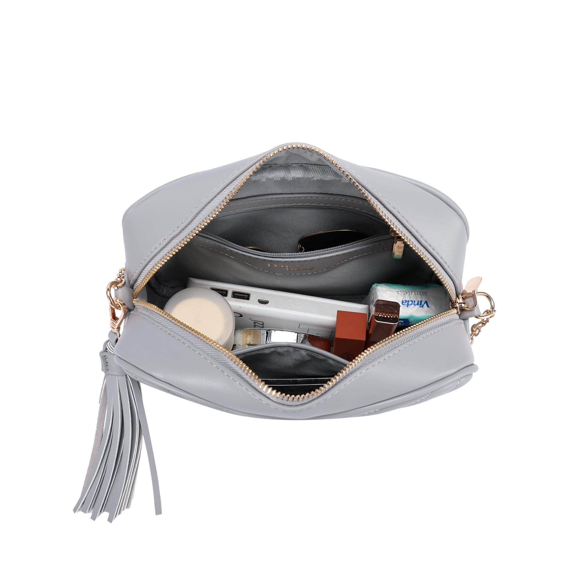 Daisy Rose Quilted Cross body bag with tassle - PU Vegan Leather - Grey