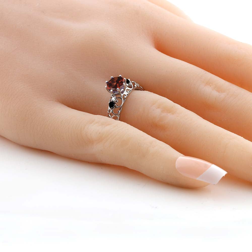 1.11 Cttw Red Garnet and Black Diamond Engagement Ring for Women | 925 Sterling Silver | Gemstone Birthstone | Three Stone Wedding Engagement Anniversary Promise Ring for Women | Size 8