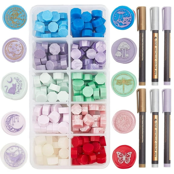 250Pcs Sealing Wax Beads Kit 10 Colors Octagon Wax Seal Beads 6Pcs Wax Stamp Metallic Pen for Wax Seal Stamp Cards Envelopes Witchcraft Party Invitations