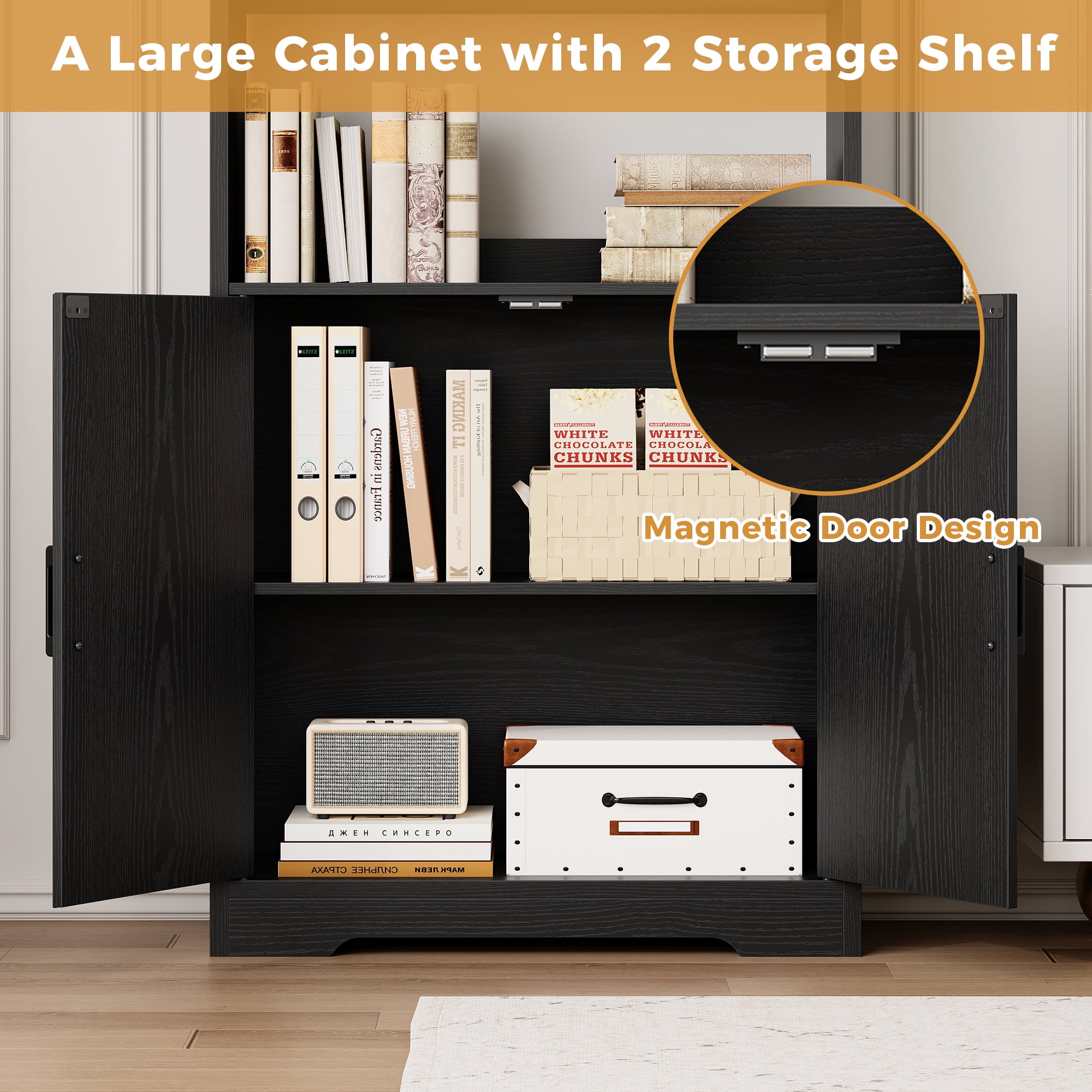 LIKIMIO Freestanding 63" Tall Bookcase, Wood Display Storage Cabinet with Closed Doors & Open Shelves for Living Room, Home Office & Bedroom, Black