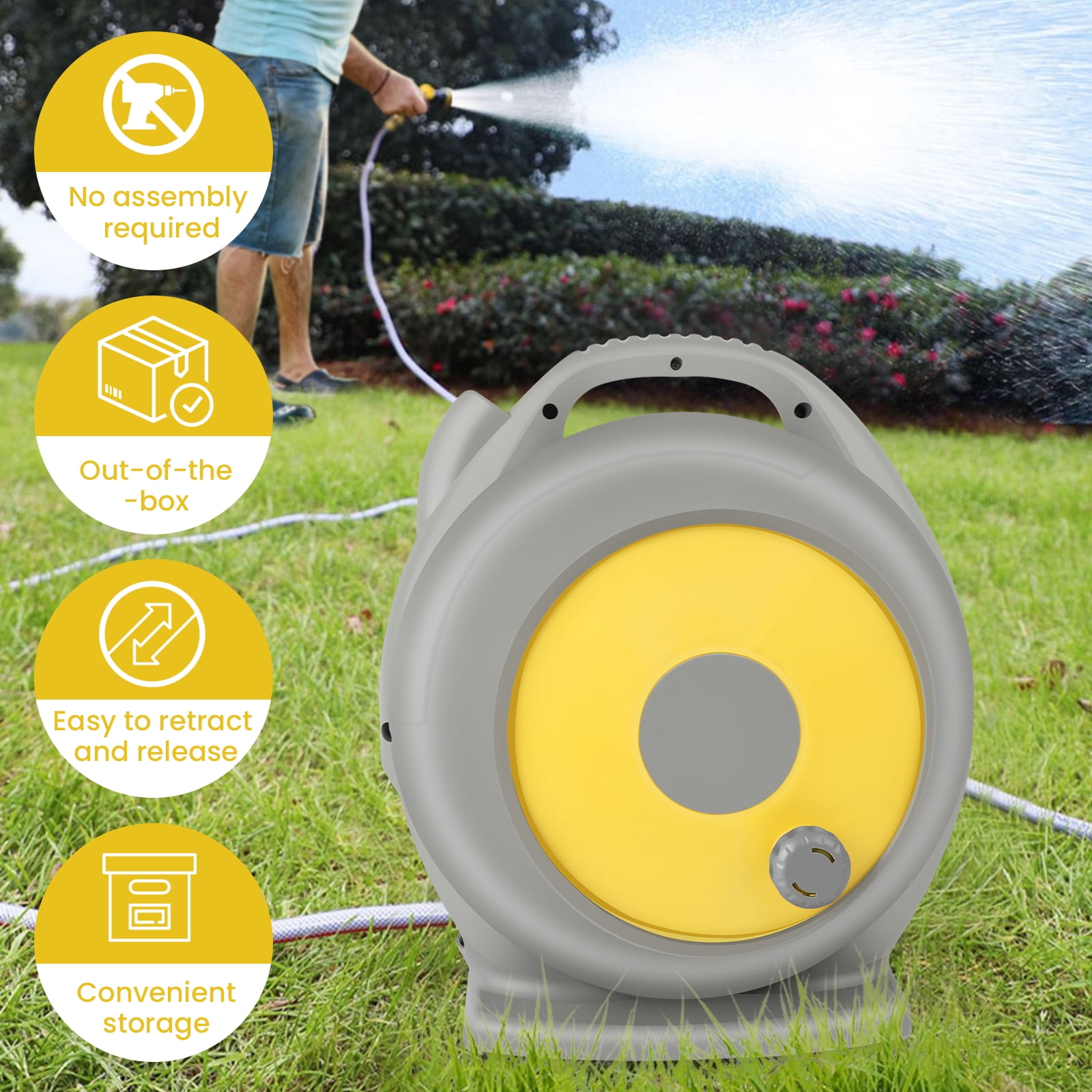 Retractable Garden Hose Reel 66 ft Upgraded Resistant Heavy Duty Hose Reel 3/4 in Brass Fitting 10 Pattern Nozzle Any Length Lock Slow Retraction